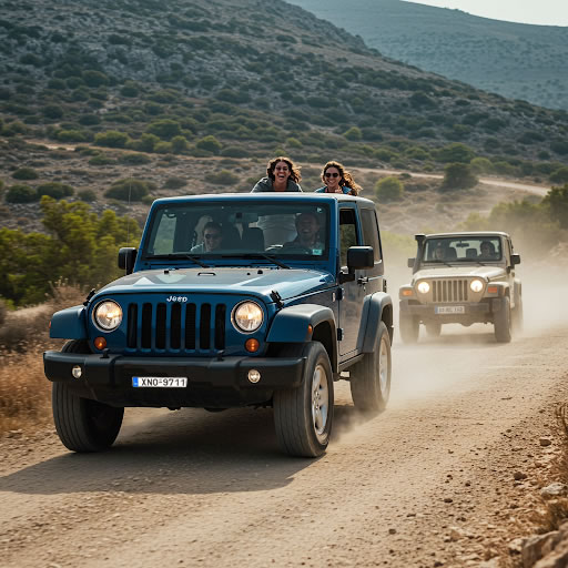 Jeep Wrangler convoy driving off-road through the Cretan landscape